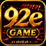 92E Game logo featuring gold 3D lettering on a black and red casino-style background with the website PKVIP.PK displayed at the bottom.