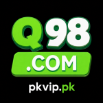Q98.com logo on a black background with large green and white 3D text and the domain pkvip.pk centered at the bottom.