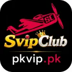 SVIPCLUB logo image on a black background featuring a red airplane with “SC” lettering above a gold and silver “SvipClub” text with a crown, and the domain “pkvip.pk” at the bottom.