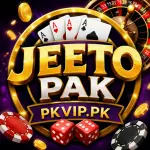 Jeeto Pak game logo with playing cards, roulette wheel, poker chips, dice, and PKVIP.PK branding