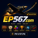 EP567 Aviator Game logo with airplane sticker and PKVIP.PK branding for Android APK download 2026
