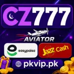 CZ777 promotional logo with Aviator graphic, Easypaisa and JazzCash payment stickers, and PKVIP.PK website branding on a purple gaming-themed background.