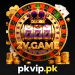 2V Game logo featuring a golden roulette wheel, purple crown, 777 slot machine, playing cards, and gold coins on a black background with the website watermark pkvip.pk.