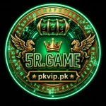 5R Game logo with glowing green and gold casino-style design featuring a 777 slot icon, crown, winged horses, and the pkvip.pk watermark on a black background.