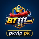 BT111 Bet logo featuring a red airplane, golden crown, and shield on a dark blue background with the website watermark pkvip.pk at the bottom.