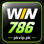Win786 Game app logo featuring bold white "WIN" text with a yellow center stroke above bright green "786" numbers on a glossy black background with a neon green border. The logo includes the website watermark pkvip.pk at the bottom.
