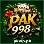 Pak998 Game logo featuring gold and green text with playing cards, casino chips, dice, slot machine reels, coins, and a crown on a dark green background.