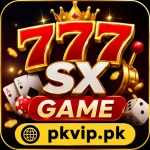 777SX Game logo with casino-themed graphics, golden crown, playing cards, dice, coins, and the pkvip.pk website branding on a black and gold background.