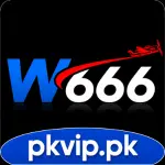 W666 Game logo with a blue W, white 666 text, red airplane design, and the website name pkvip.pk on a black background.