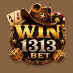Win1313 Game logo featuring gold text, poker cards, dice, poker chip, and cowboy hat on a brown background.