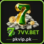 7VV Bet Game logo featuring a green and gold number 7 with cash stacks and gold coins on a black background, including the pkvip.pk watermark.