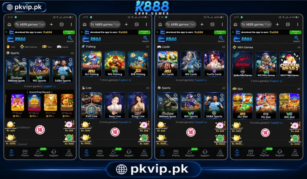 K888 Game interface showing mini games, slot games, card games, fishing games, live casino, and sports categories in one combined screenshot.