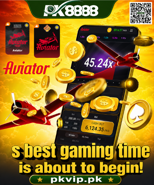 Promotional banner for the PK8888 Aviator game featuring a smartphone displaying a 45.24x multiplier, two red airplanes, flying gold coins, and the text "Best gaming time is about to begin!" on a golden sky background. The image includes the PK8888 logo, a QR code, Aviator game icons, and a green footer displaying the website pkvip.pk.