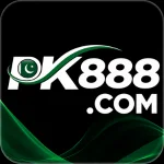 PK888 app logo with bold white "PK888" text, a green swoosh featuring a Pakistan flag emblem, ".COM" underneath, and a black background with green wave accents.