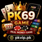 PK69 Game featured image with casino-themed graphics, smartphone, playing cards, gaming chips, and PKVIP.pk branding for Android real money gaming.