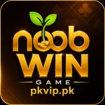 Noob Win Game logo featuring bold metallic gold "NOOB WIN" text with a green sprout growing from the letter "O" on a dark brown casino-themed background. The logo includes the word "GAME" and the website pkvip.pk in gold beneath the title.