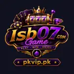 Isb07 Game casino logo in metallic gold and purple featuring a 777 slot machine, playing cards, poker chip, crown, and gemstone on a dark background, with the website pkvip.pk displayed below.