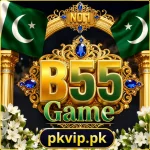 B55 Game logo featuring a golden emblem with Pakistani flags, NO.1 badge, white flowers, and the pkvip.pk watermark on a dark background.