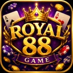 Royal 88 Game app icon featuring a luxurious gold crown above bold golden "Royal 88" text on a deep purple shield, surrounded by poker chips, playing cards, and gold coins with a premium casino-style design.