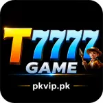 T7777 Game logo featuring a large gold "T", blue 7777 text, silver GAME lettering, and a cartoon explorer character on a black background.