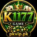 K1177 Game Download logo featuring a gold and green casino-themed badge with playing cards, a crown, poker chips, dice, and the website name pkvip.pk at the bottom.