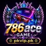 786Ace Game logo featuring a premium purple and gold gaming badge with a crown, wings, airplane, glowing effects, and the PKVIP.pk branding for Android game download.