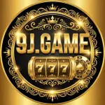 9J Game gold logo with a 777 slot machine, ornate casino design, and pkvip.pk watermark on a black and gold background.