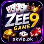 Zee9 Game feature image with a gaming-themed logo, playing cards, casino chips, gold coins, and the pkvip.pk watermark, designed in a 150×150 app icon style.