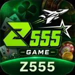 Z555 Game logo with green gaming design, futuristic jet, cards, chips, and “GAME” text.