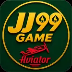 JJ99 Game Aviator logo with gold text, green background, and red airplane graphic